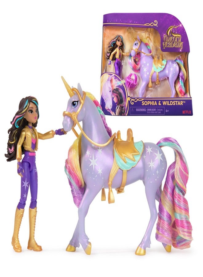 Unicorn Academy أكاديمية يونيكورن، صوفيا ووايلد ستار مع قطعتين إضافيتين وأداة لتصفيف الشعر، دمى وألعاب يونيكورن. هدايا وحشوات جوارب للفتيات من عمر 4 سنوات فما فوق - Image 1